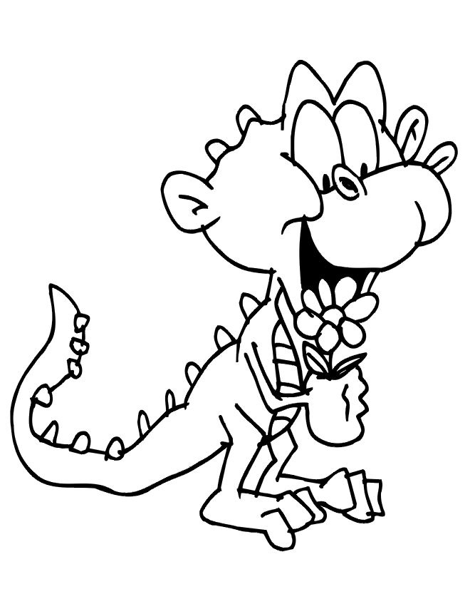 Dinosaur Coloring Page | Cartoonish Dinosaur Holding Flower