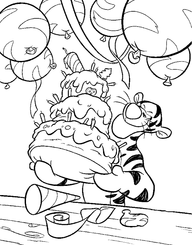 Birthday coloring page of Tigger eating a big birthday cake 