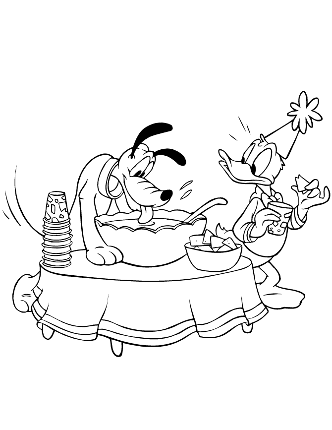 Donald Duck And Pluto At Party Coloring Page | HM Coloring Pages