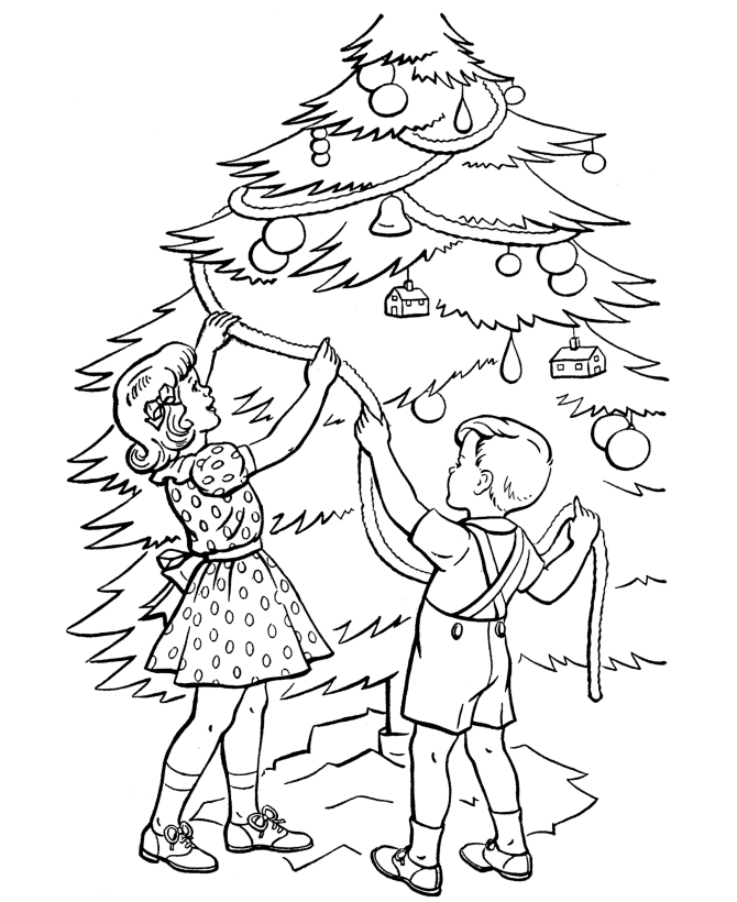 Christmas Tree Coloring Pages - Trimming the Tree Coloring Sheet 