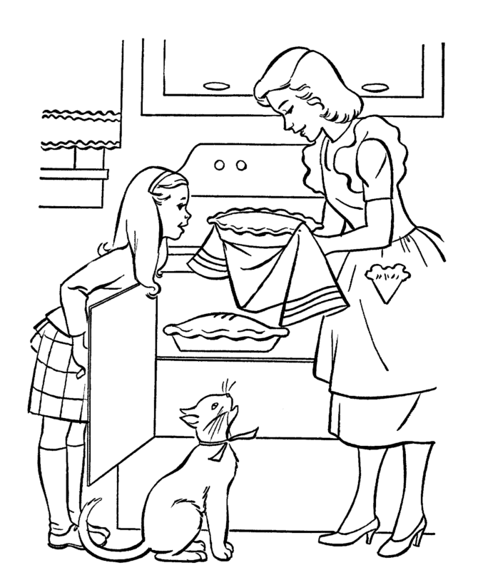 Mother's Day Coloring Pages - Helping Mom Bake a Pie Coloring Page 
