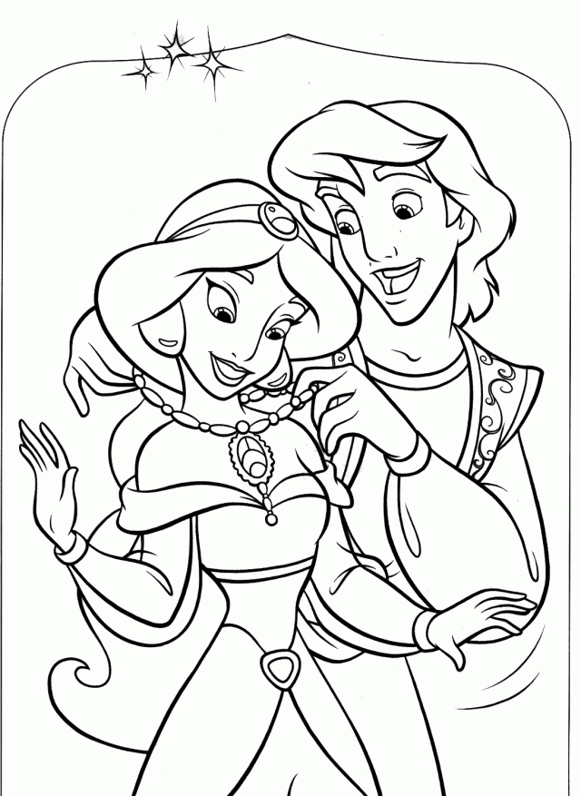 Aladdin And Princess Jasmine Romantic Coloring Page Printable 