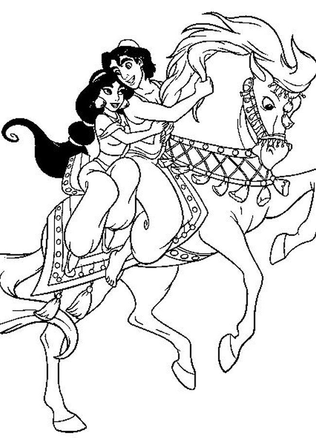 Princess Jasmine And Aladdin Sit A Horse Coloring Pages - Disney 