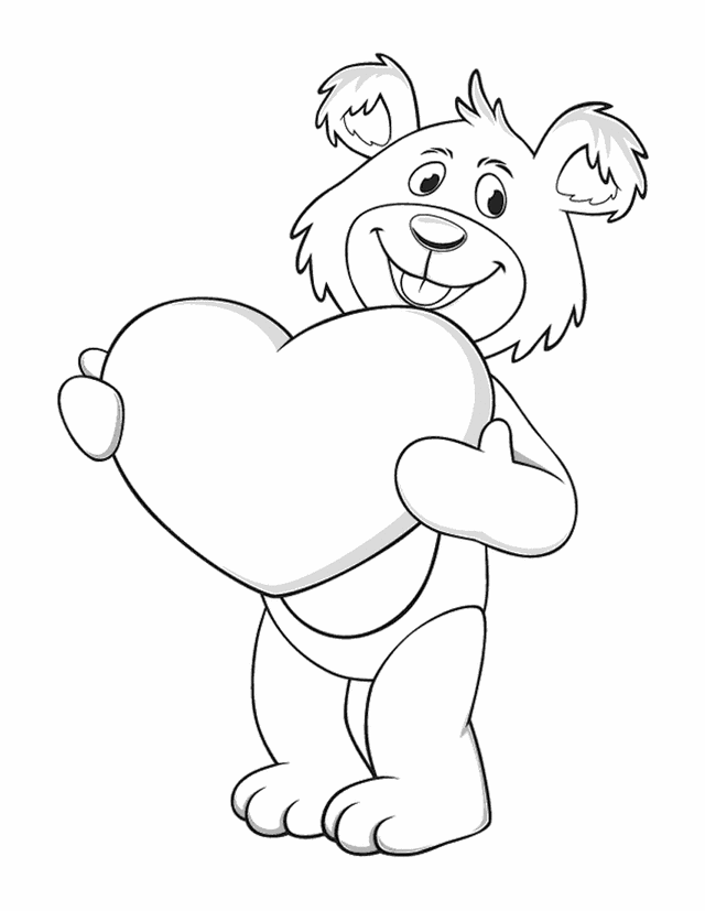 Valentine's Bear Holding Heart - Free Printable Coloring Pages