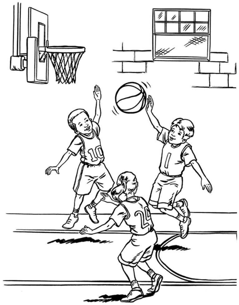 Coloring & Activity Pages: Kids Playing Basketball Coloring Page
