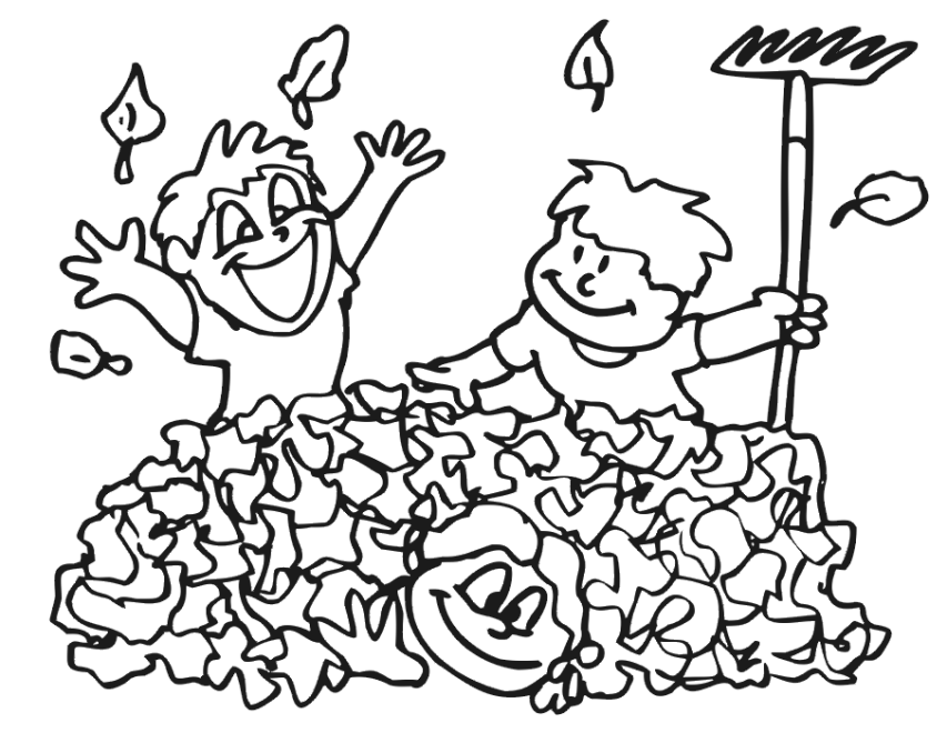 Autumn Leaves Coloring Page | 3 Kids Playing in Leaves