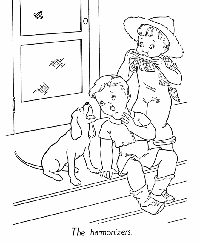 BlueBonkers: Kids Coloring Pages - Making music on the porch 
