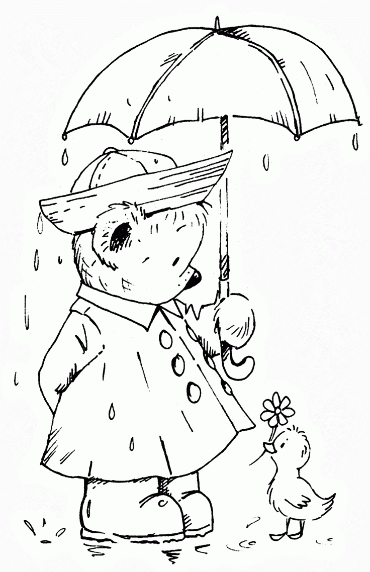 Little bear and duckling in the rain coloring page