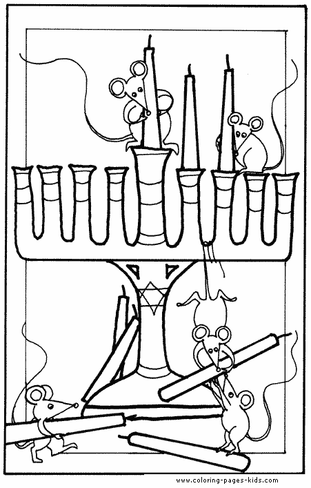 Jewish Candles and mice color page. Free printable coloring sheets for kids.