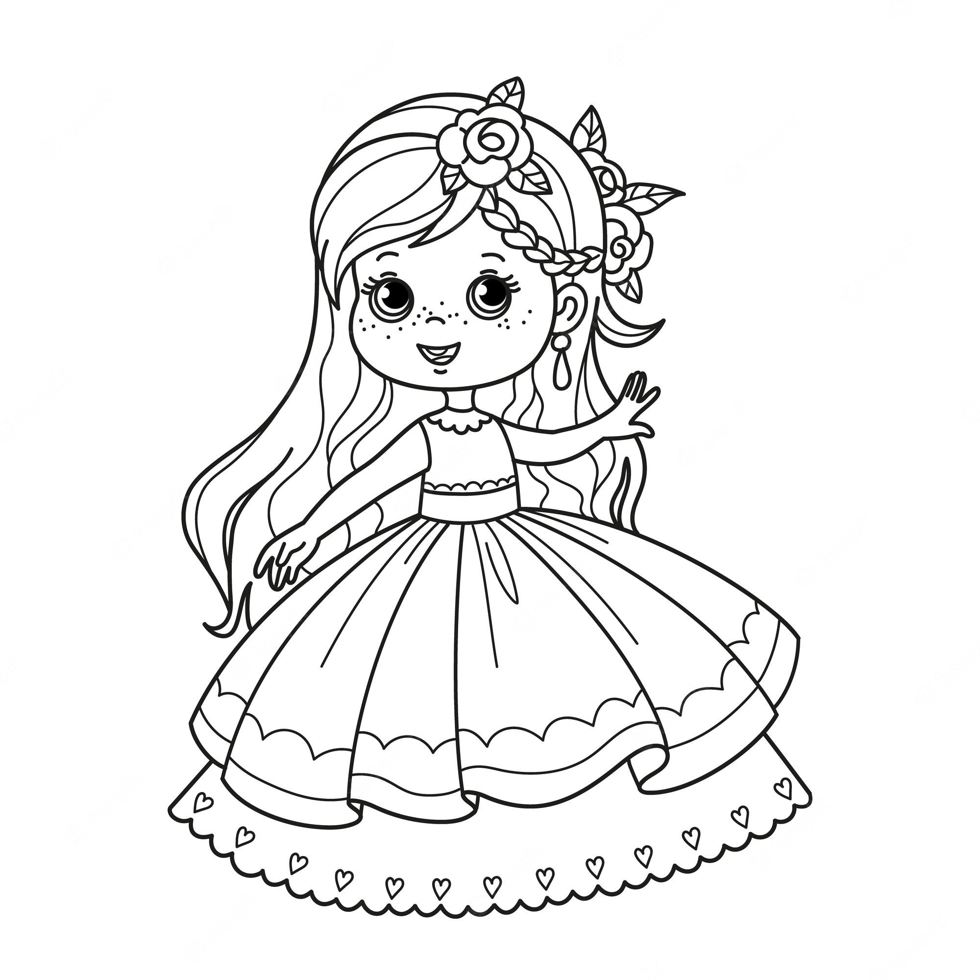 Premium Vector | Cartoon character cute little princess in a beautiful dress  coloring page for children vector black