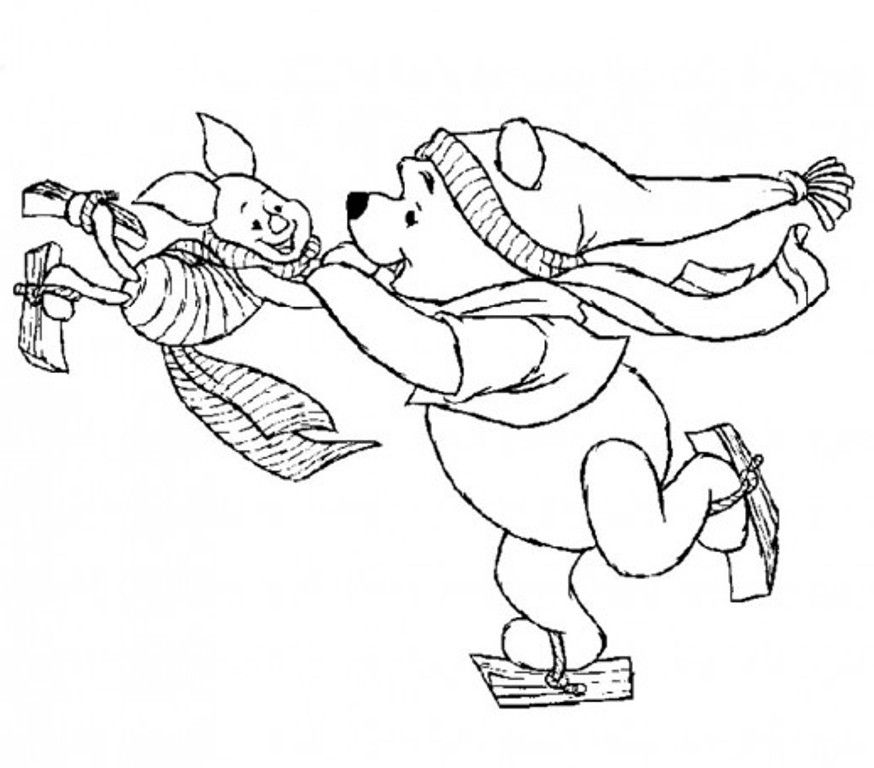 Winnie And Piglet Playing Ice Skating Winter Coloring Pages For ...