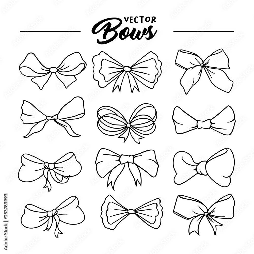 Bows handdrawn illustrations set. Ribbon knots linear drawings. Ink pen  bowknots contour cliparts. Bow-tie sketches outline collection. Coloring  book, greeting card thin line isolated design elements Stock Vector | Adobe  Stock