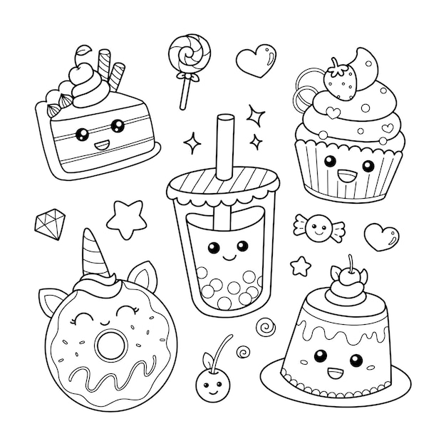 Premium Vector | Set of cute sweet food dessert icons in kawaii style coloring  page