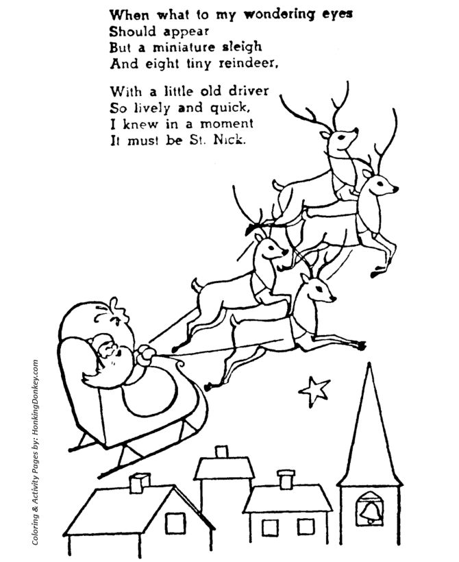 Santa's Minature Sleigh and 8 tiny Reindeer Coloring Page Sheet 