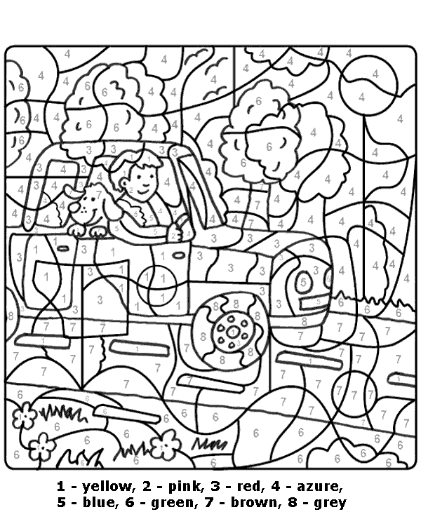 Boy and a dog in a car coloring sheet