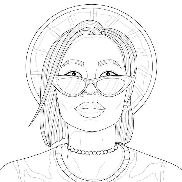 Premium Vector | Girl in a hat and glasses.coloring book antistress for  children and adults. illustration isolated on white background.black and  white drawing