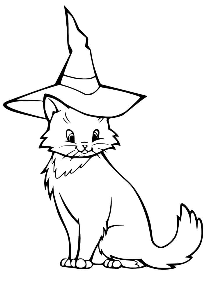 Halloween Cat with Witch Hat Coloring Page - Free Printable Coloring Pages  for Kids