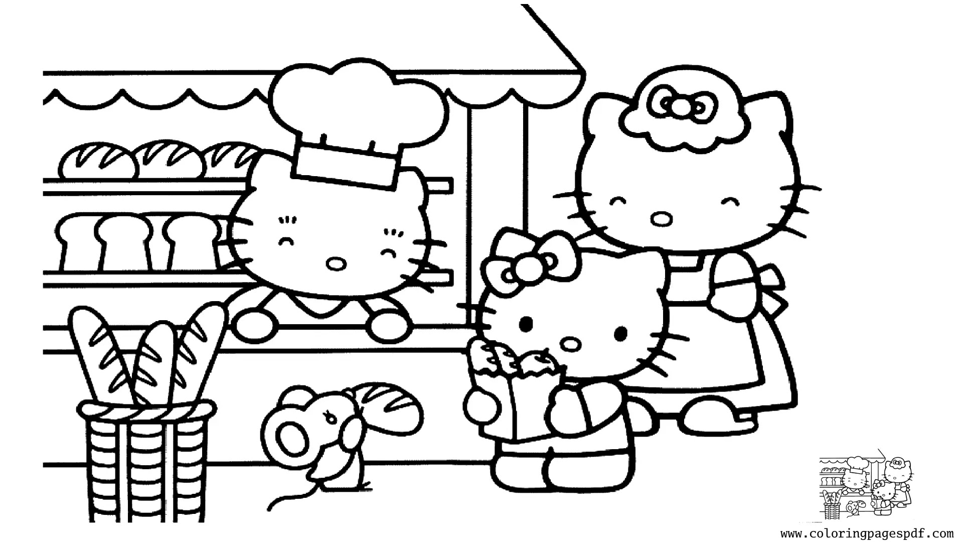 Coloring Page Of Hello Kitty Buying Bread With Her Mom