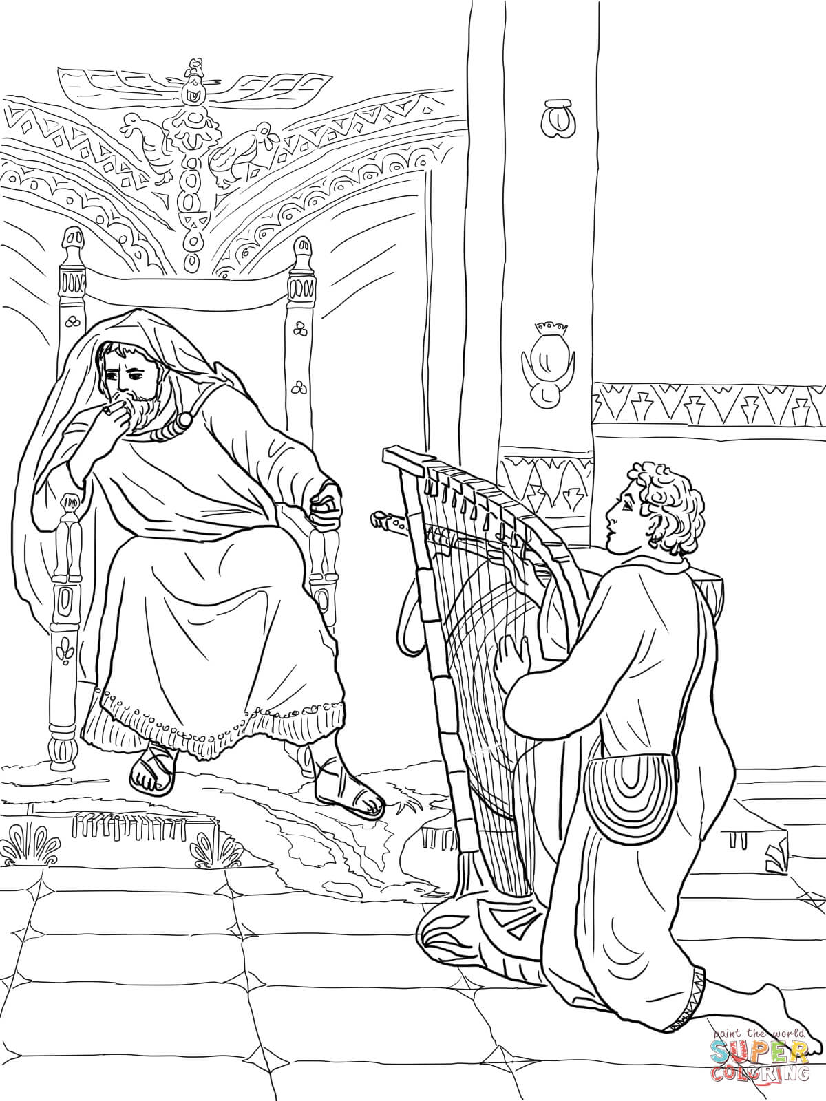 David Plays the Harp for Saul coloring page | Free Printable ...