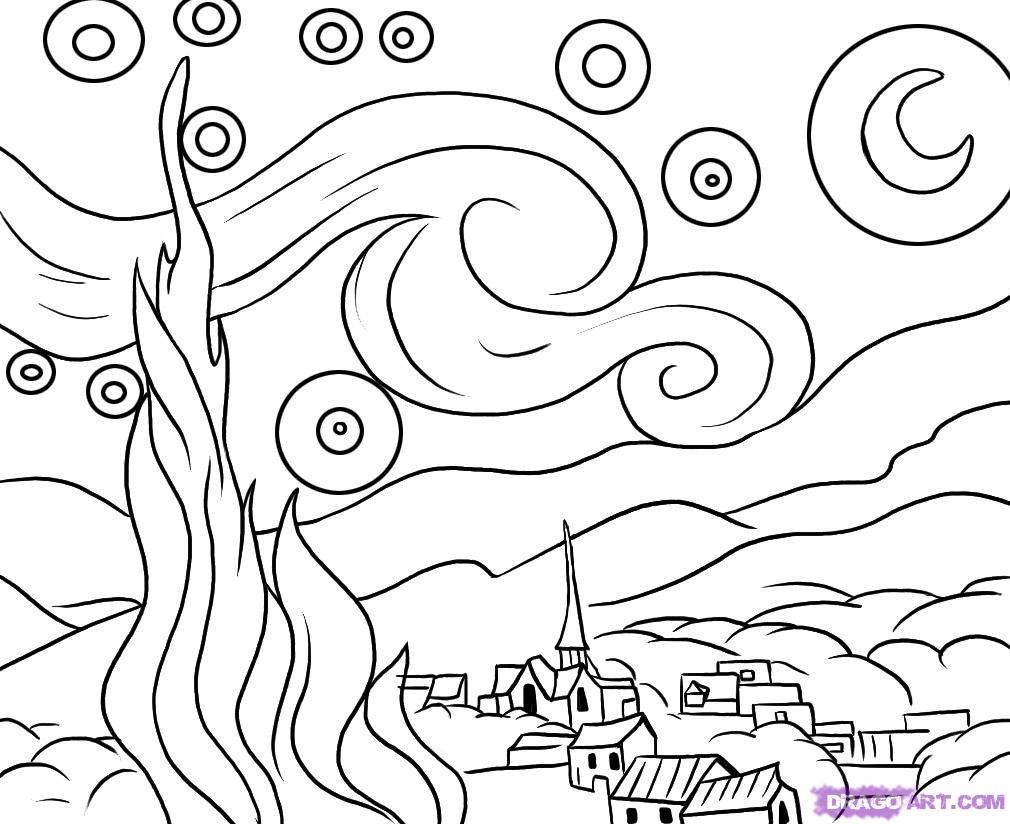 Starry Night by Van Gogh Coloring Page