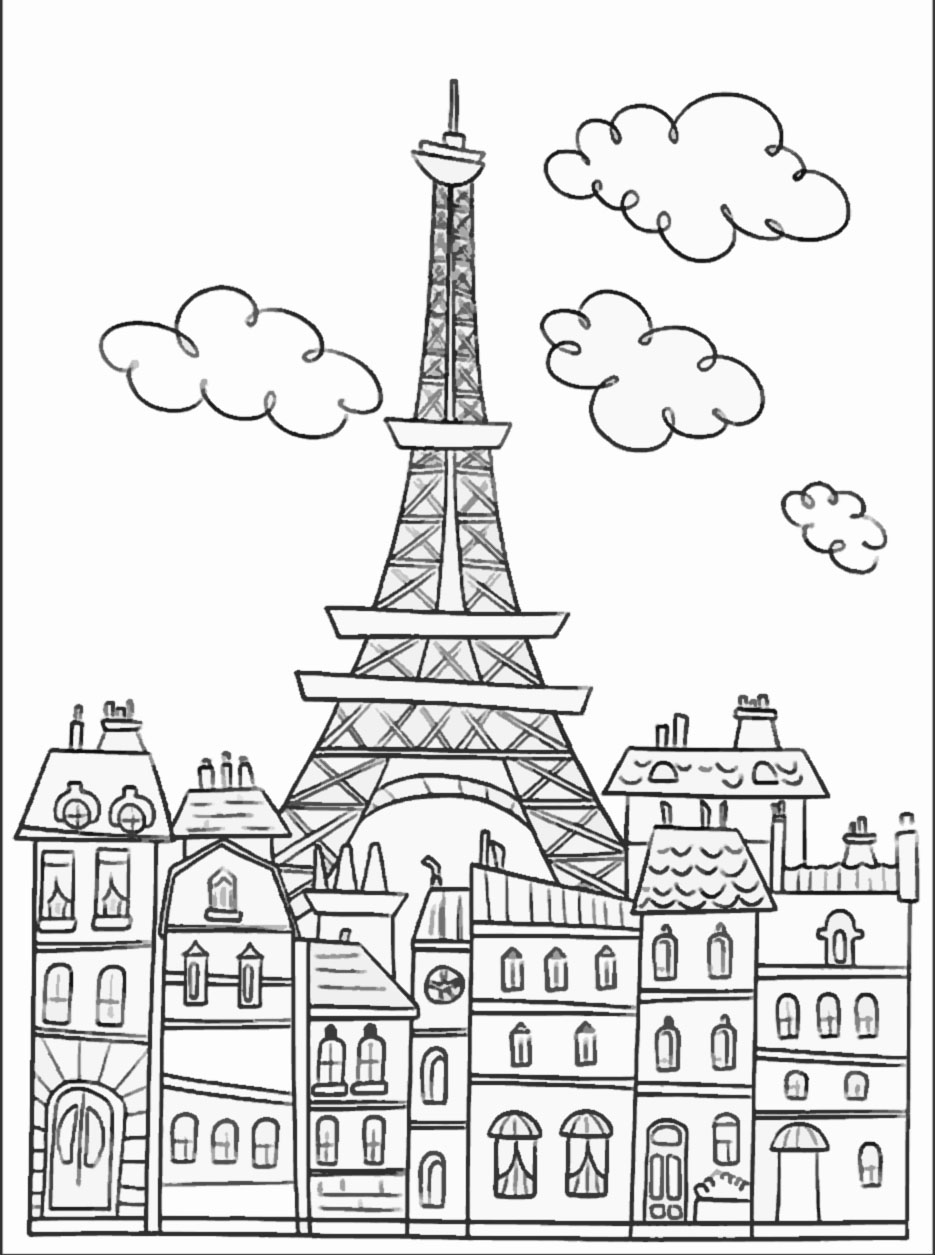 Paris buildings and eiffel tower - Paris Adult Coloring Pages