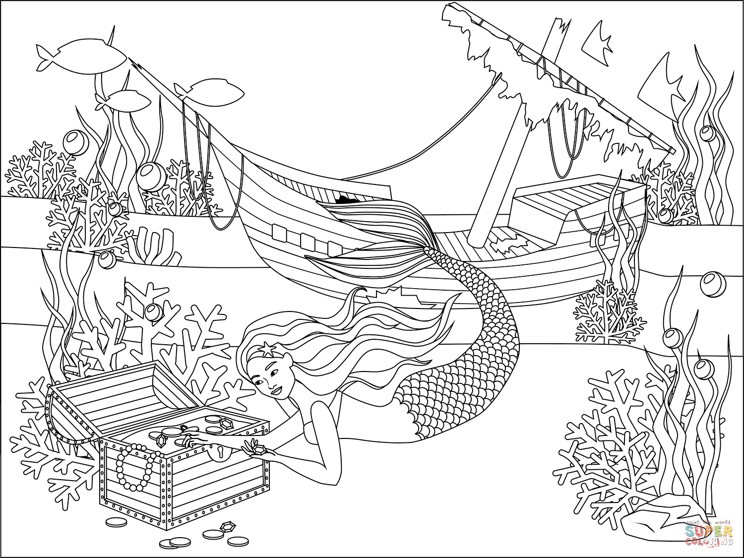 Mermaid Wrecked Ship Underwater Treasure coloring page | Free Printable Coloring  Pages