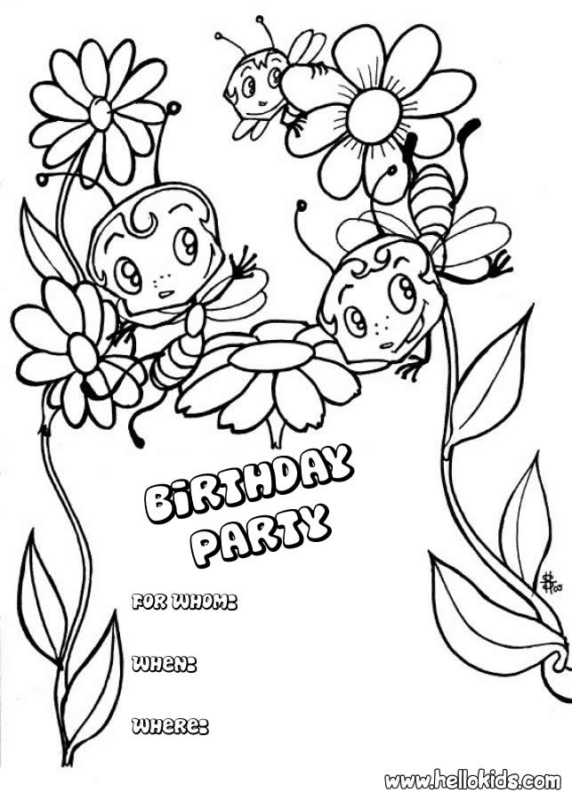 BIRTHDAY CARDS coloring pages - Bees : Birthday Party invitation