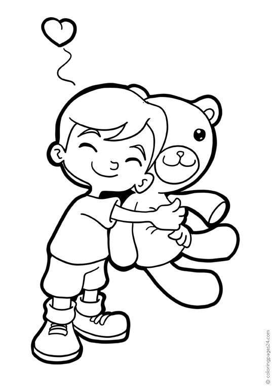 A boy hugs his big teddybear | Coloring Pages 24