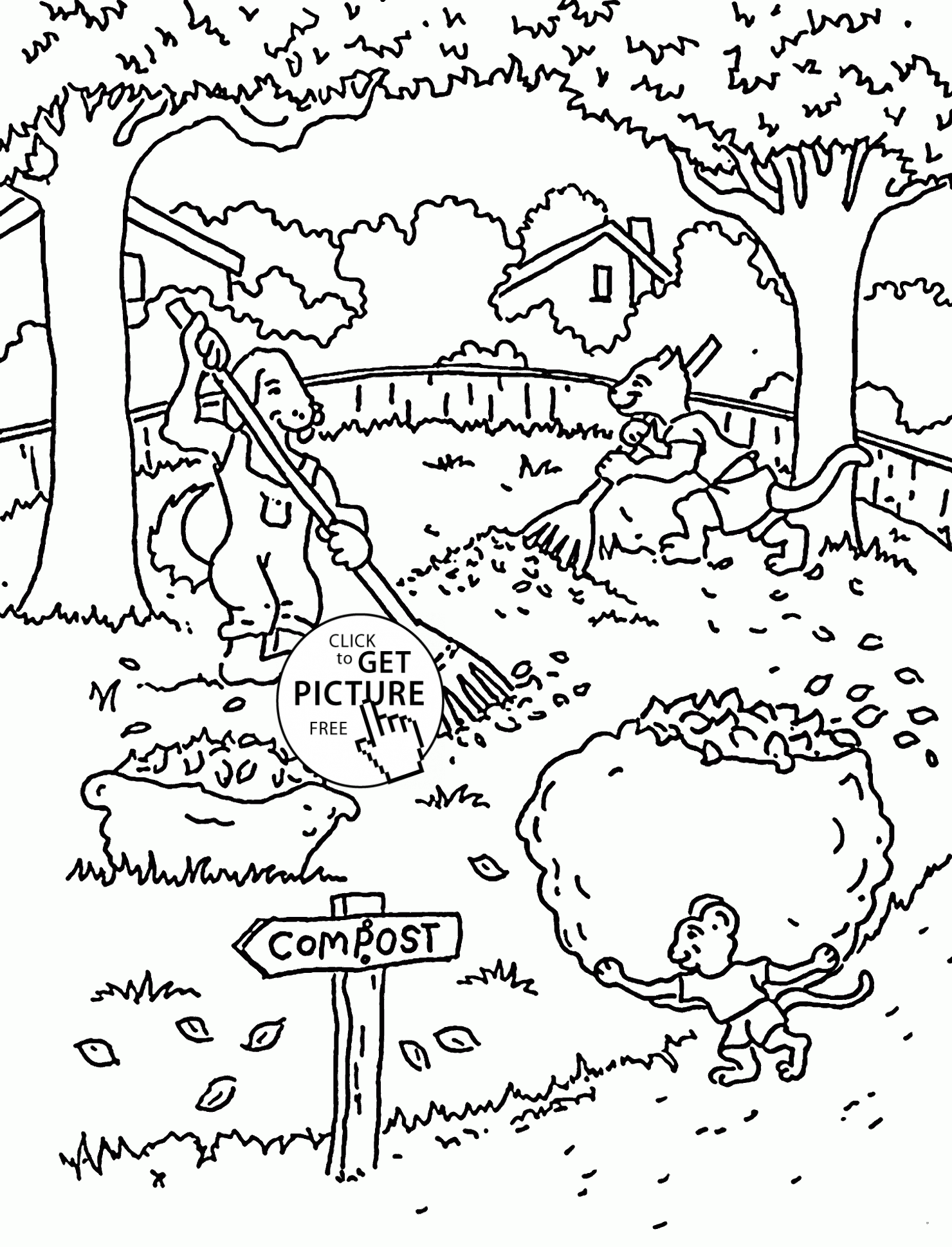 Animals Raking Fall Leaves coloring pages for kids, seasons printables free  - Wuppsy.com