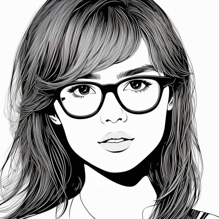 MShare: A cute girl, wear glasses, messy short hair, plain paper  background, for coloring