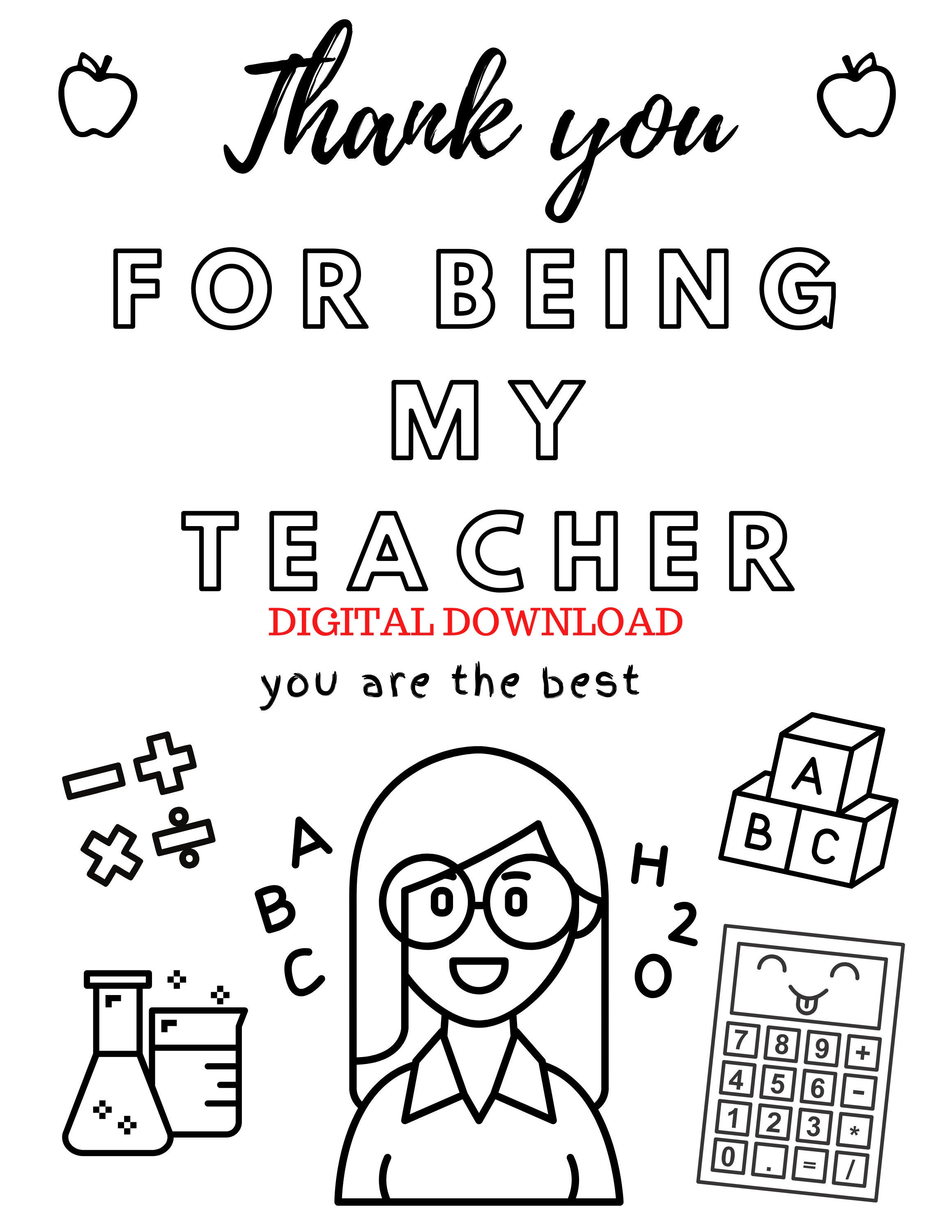 Thank You for Being My Teacher Coloring Page female Version | Etsy