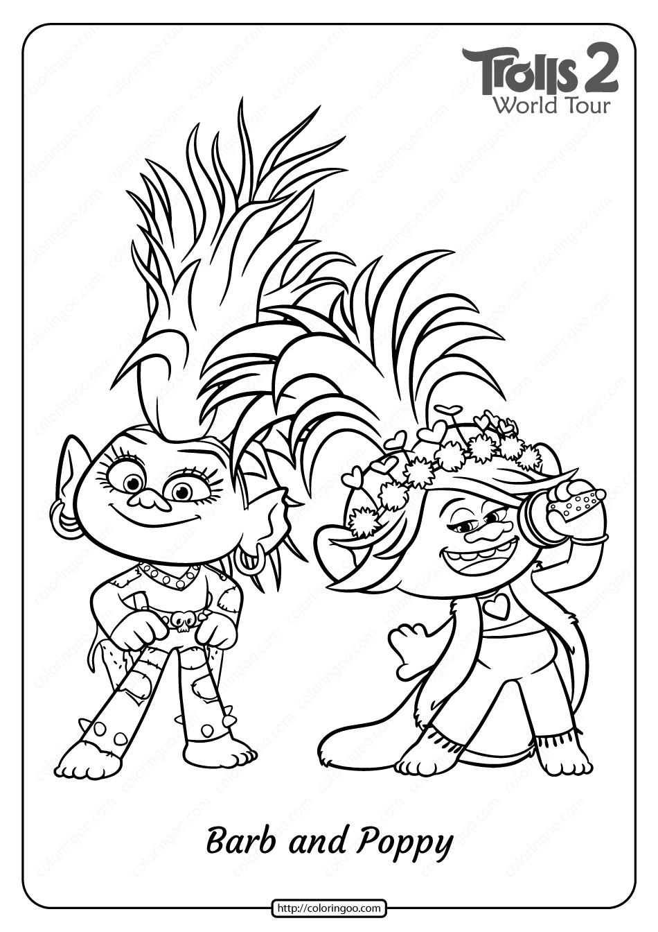 Printable Trolls 2 Barb and Poppy Pdf Coloring Page | Poppy coloring page, Coloring  pages, Disney coloring pages