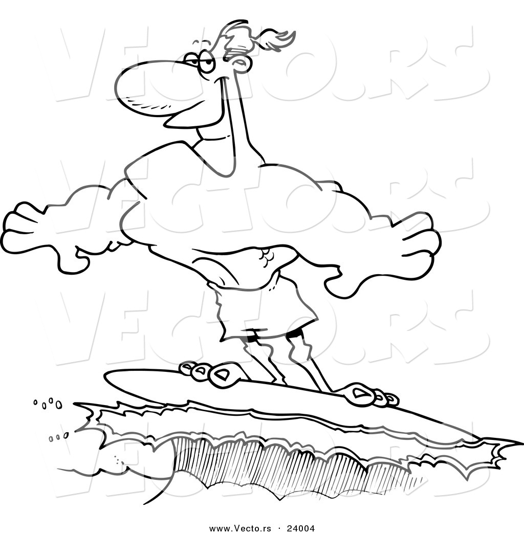 Vector of a Cartoon Buff Surfer Riding a Wave - Coloring Page Outline by  toonaday - #24004