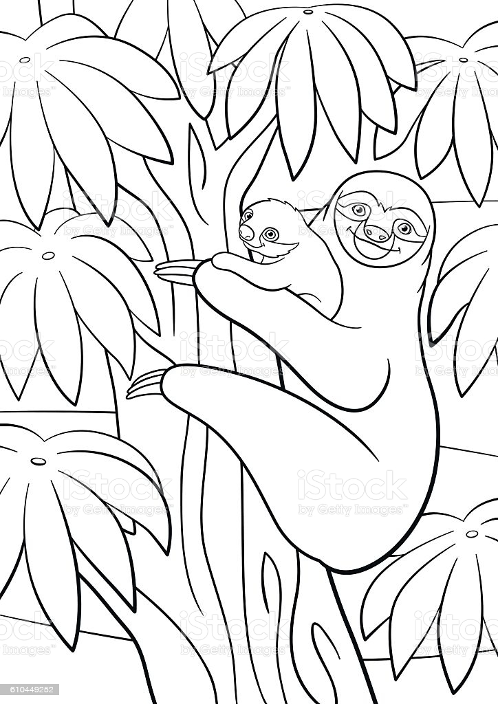 Coloring Pages Mother Sloth With Her Little Cute Baby Stock Illustration -  Download Image Now - iStock