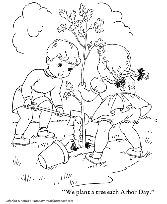 Arbor Day Coloring Pages - Boy and Girl planting a tree Coloring 