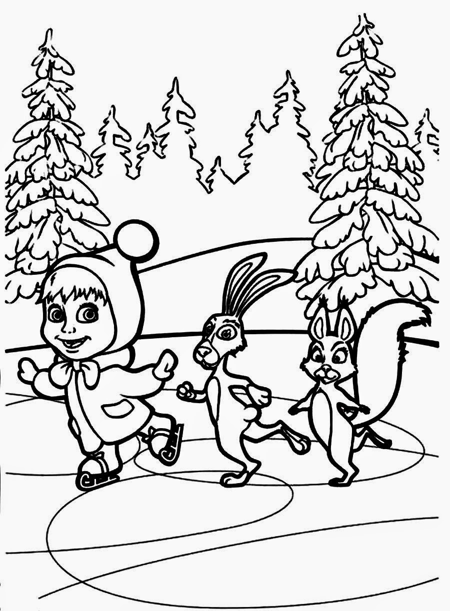 Masha Skating with Rabbit and Squirrel | Masha Coloring Pages