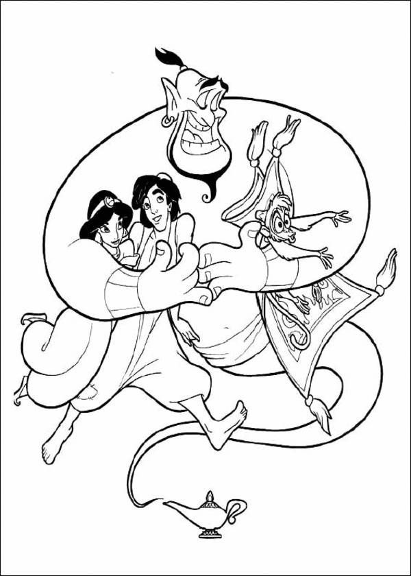 Princess Jasmine, Aladdin, Genie and Monkey Disney Coloring Page ...