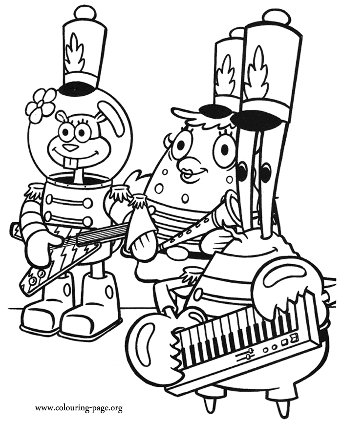 SpongeBob SquarePants - Sandy Cheeks, Mrs. Puffand and Mr. Krabs playing in  a band coloring page