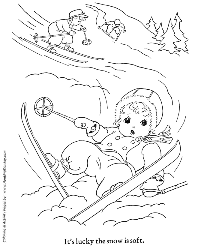 Winter Downhill Skiing Coloring - Kids Outdoor Winter Activities Coloring  Page Sheets of the Winter Season | HonkingDonkey