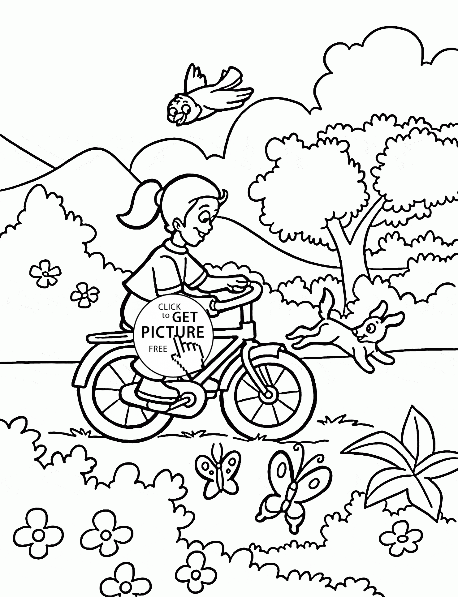 Girl rides a bicycle coloring page for kids, spring coloring pages ...