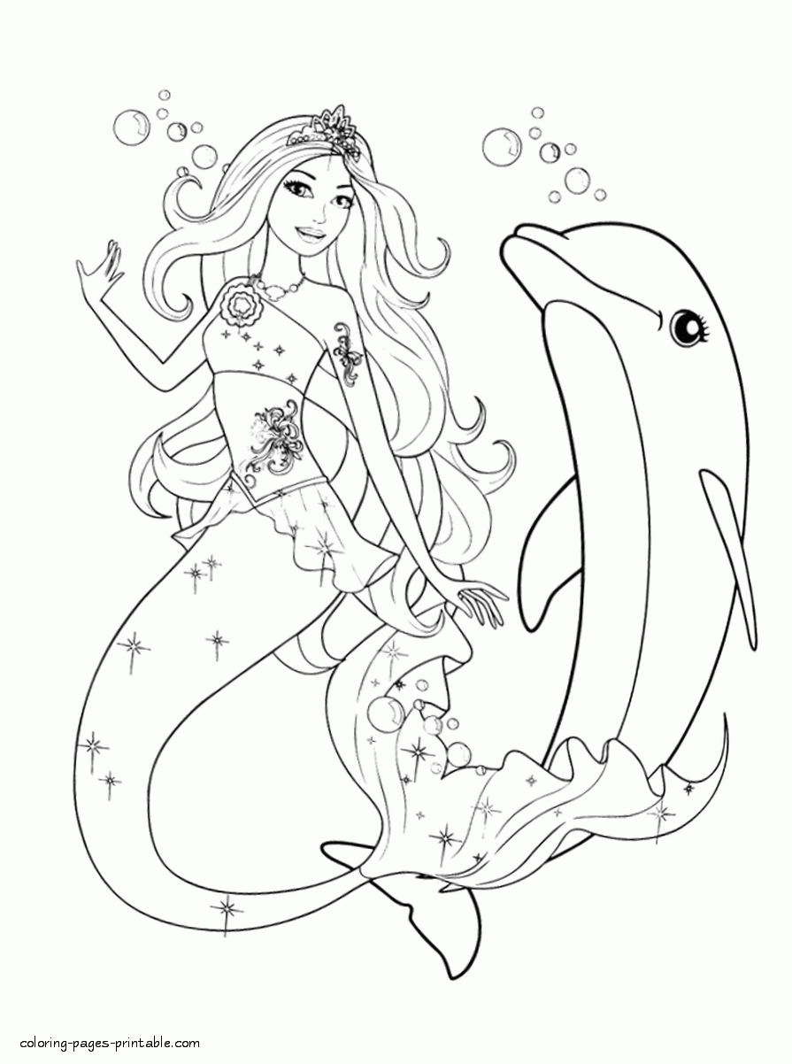 Mermaid With Dolphin Coloring Pages   Coloring Home