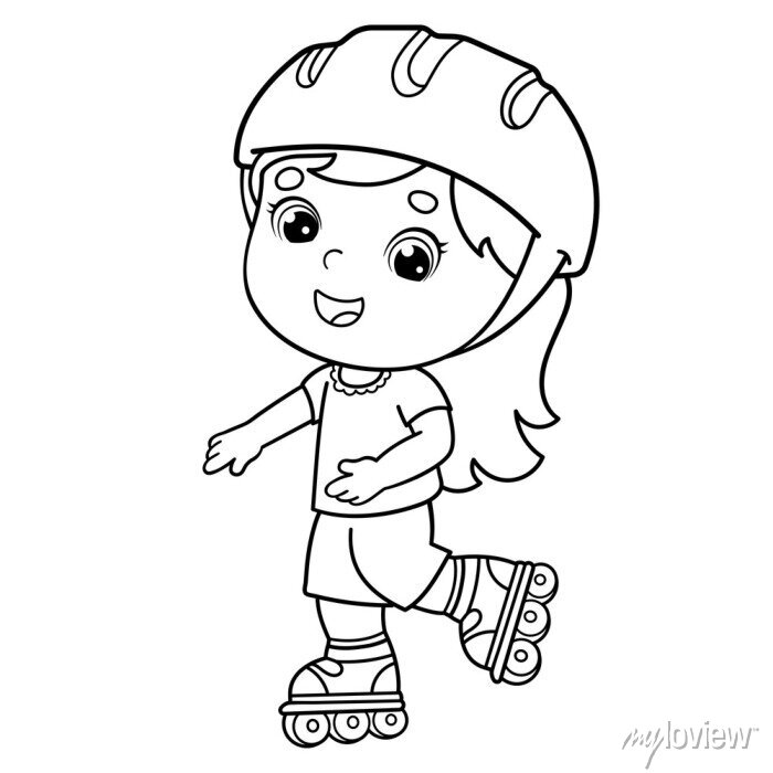 Coloring page outline of cartoon girl on the roller skates. coloring • wall  stickers white, black, colours | myloview.com