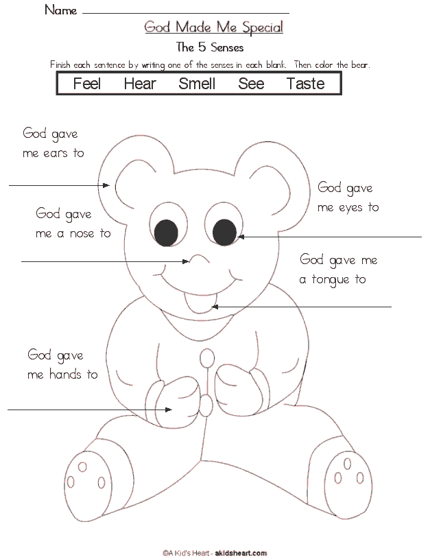 5 Senses Preschool Printable,  worksheet and coloring page