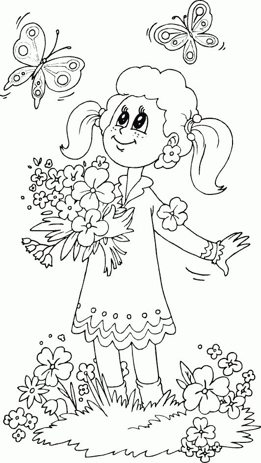 girl with flowers watching butterflies coloring page - coloring.com