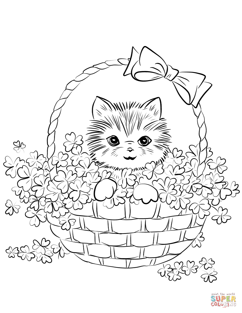 Coloring ~ Cute Kitten In Basket Of Shamrock Coloring Page ...