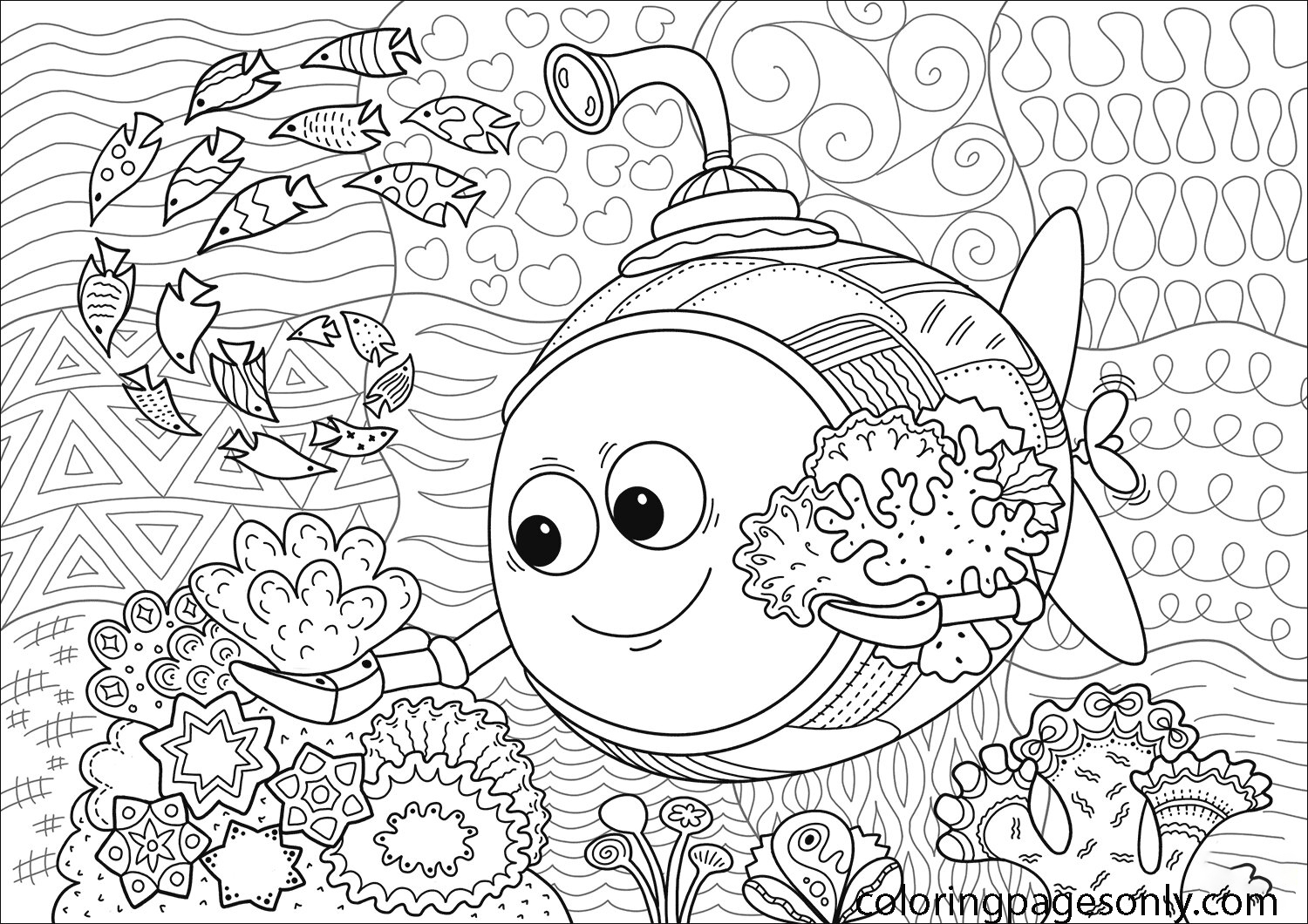 Scientific bathyscaphe doing research of Coral Reef Ecosystem Coloring Pages  - Nature & Seasons Coloring Pages - Coloring Pages For Kids And Adults