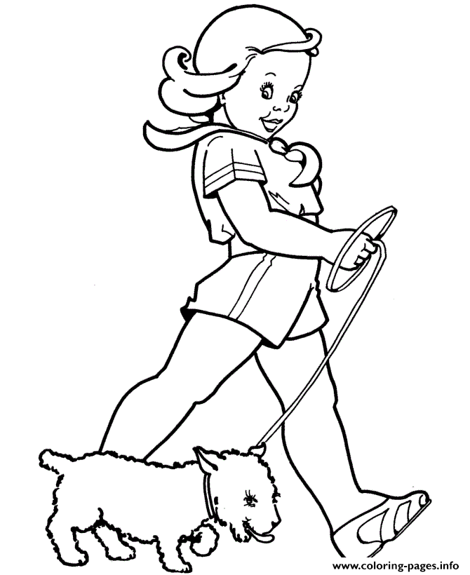 A Girl Walking Her Dog E039 Coloring Pages Printable