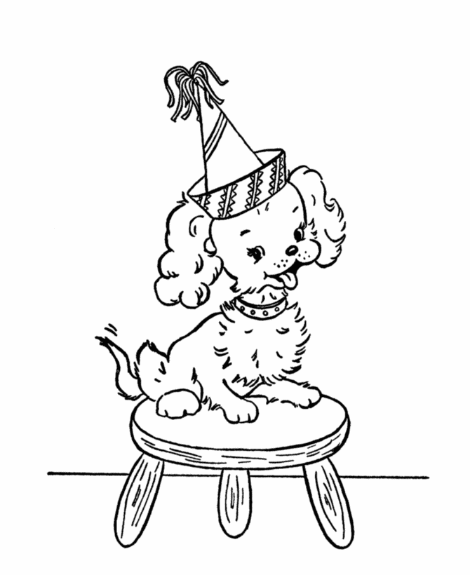 BlueBonkers - Kids Birthday Party Coloring Page Sheets - dog with a party  hat - Free Printable birthday party fun, coloring pages