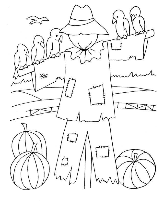 Thanksgiving Day Coloring Page Sheets - Scarecrow with Pumpkins ...