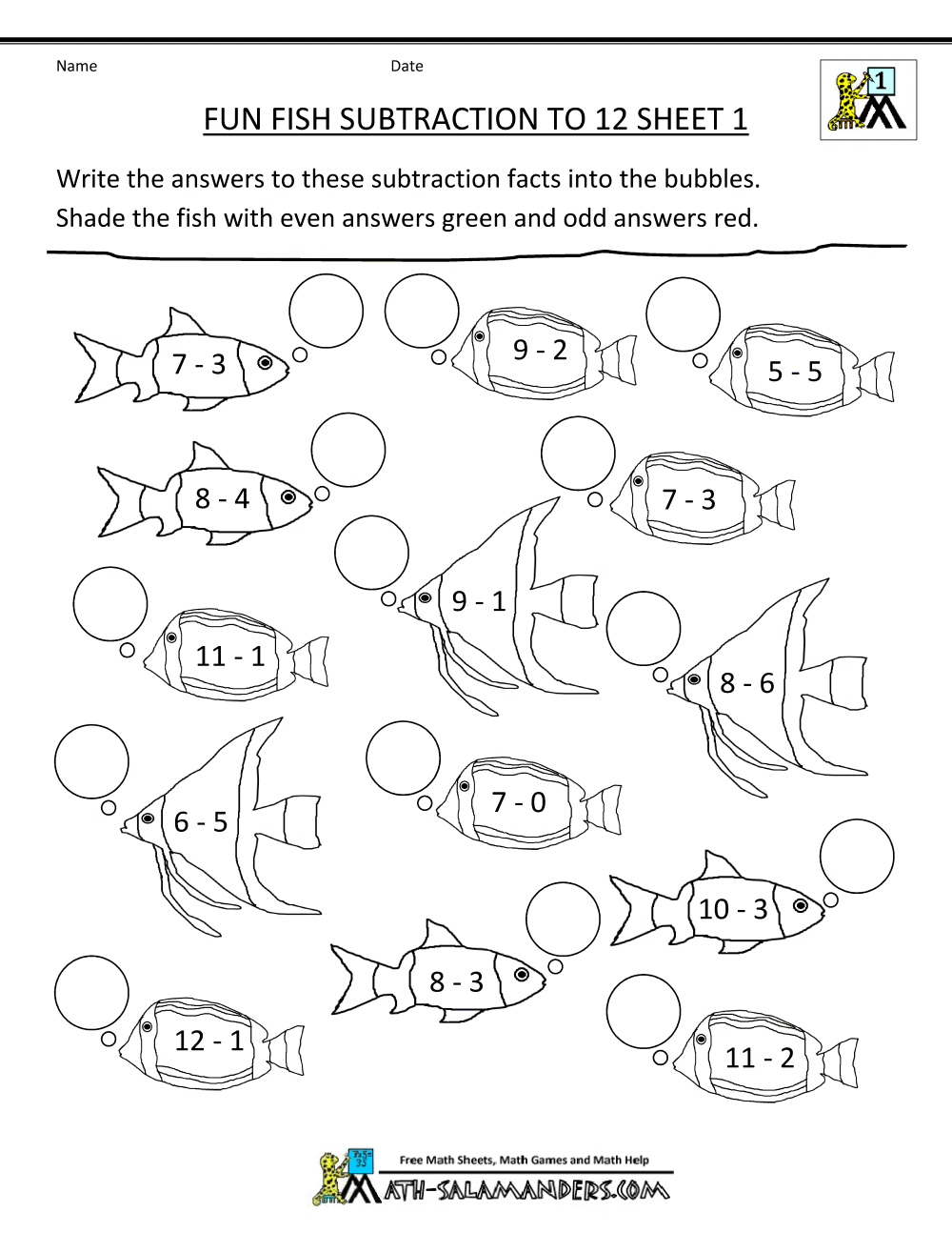 Subtraction Coloring Page